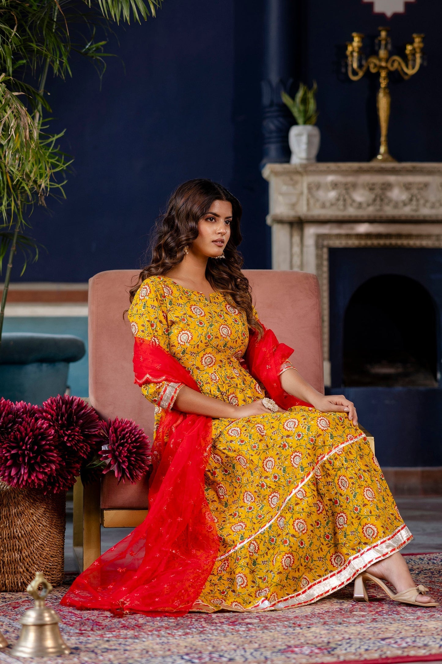 Women Yellow Floral Printed Flared Dress With Scalloped Dupatta | LASVINI - Redefining Indian Fashion with Elegance