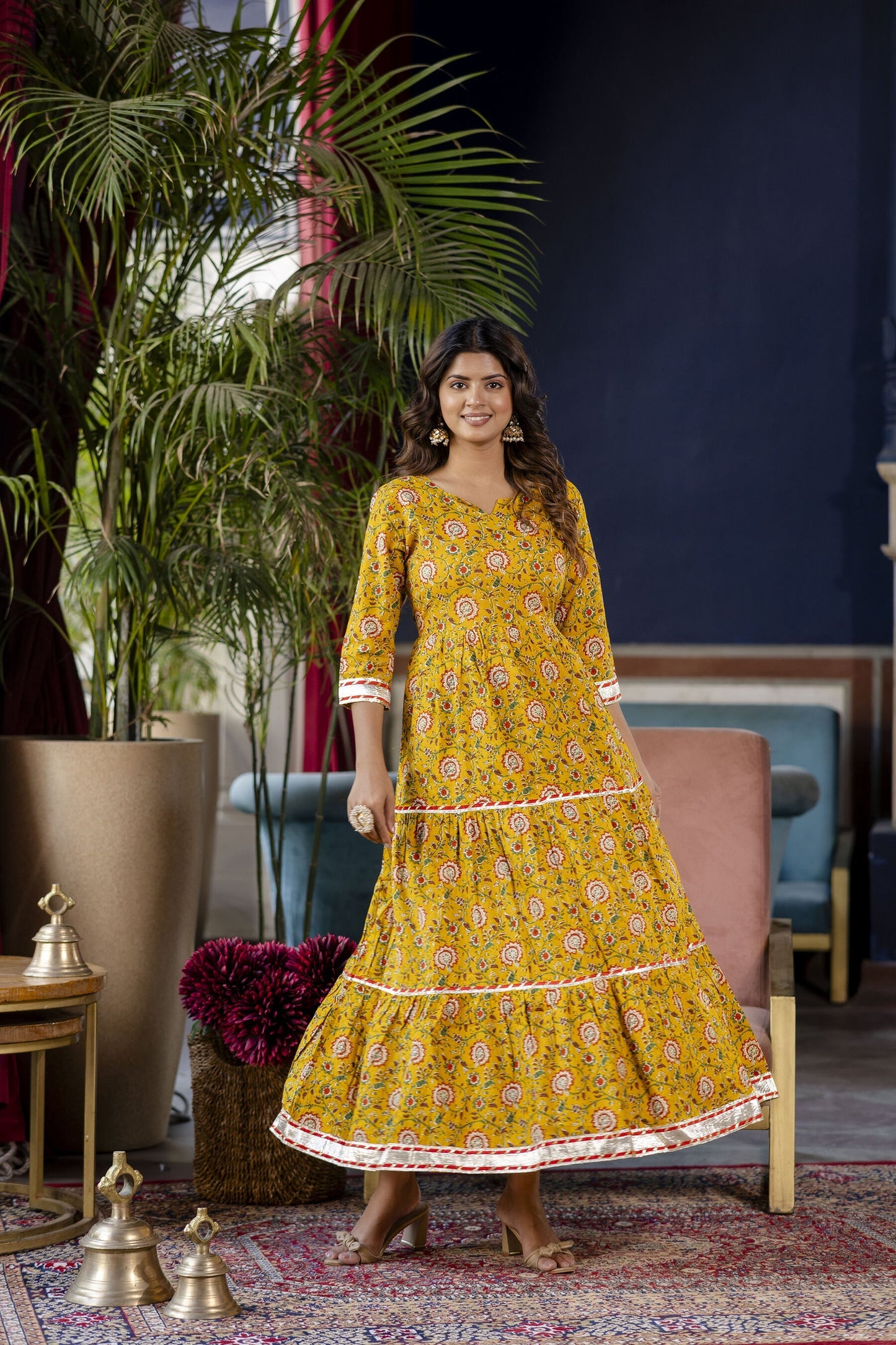 Women Yellow Floral Printed Flared Dress With Scalloped Dupatta | LASVINI - Redefining Indian Fashion with Elegance