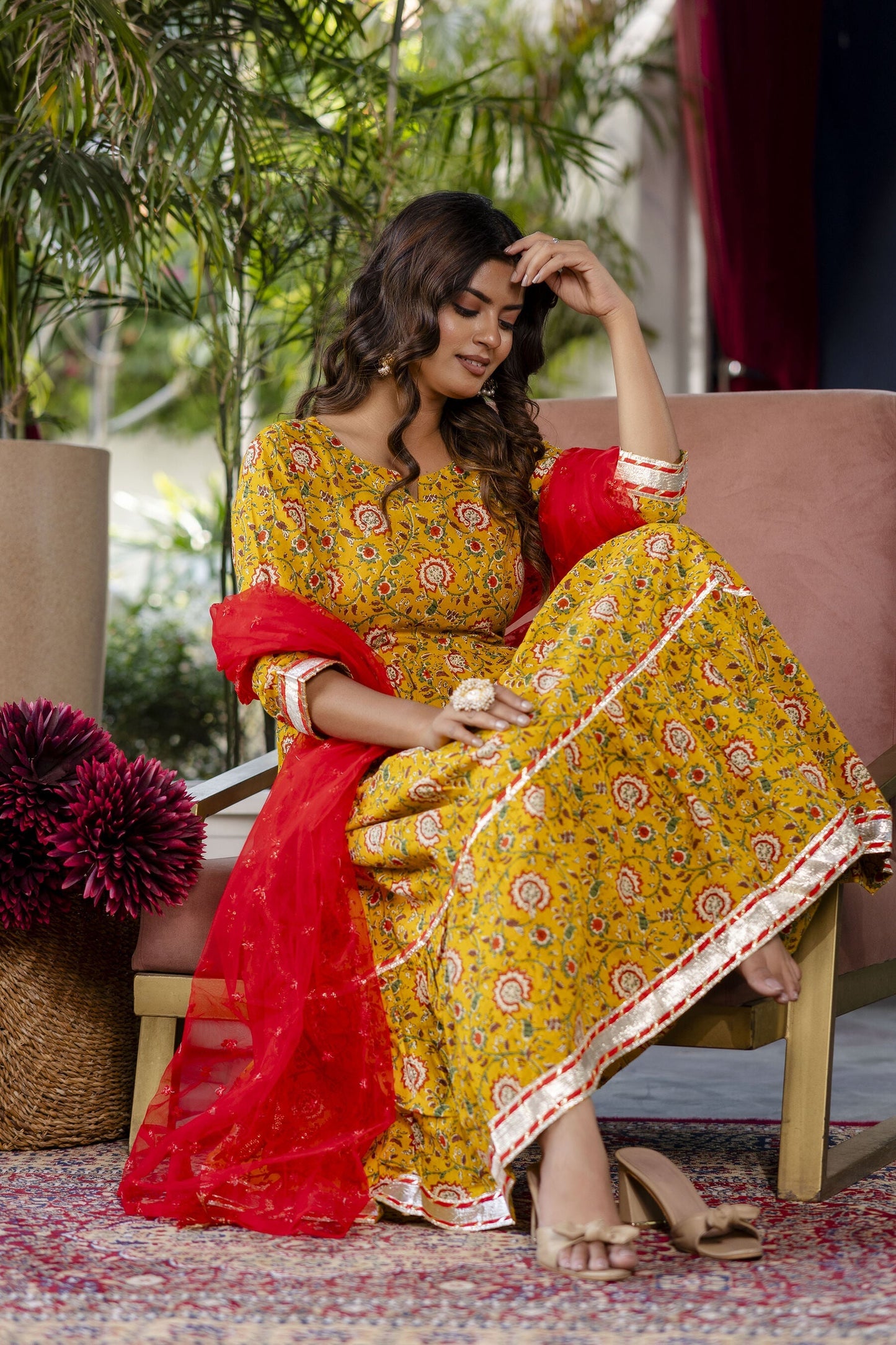 Women Yellow Floral Printed Flared Dress With Scalloped Dupatta | LASVINI - Redefining Indian Fashion with Elegance