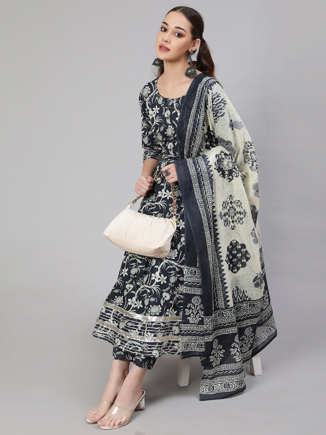 Women Grey Paisely Printed Anarkali Kurta With Trouser And Dupatta | LASVINI - Redefining Indian Fashion with Elegance