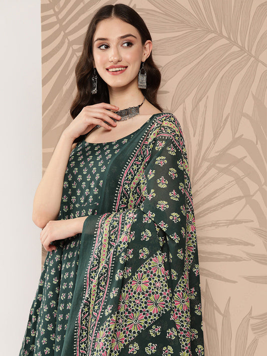 Women Green Ethnic Printed Anarkali Kurta With Trouser And Dupatta | LASVINI - Redefining Indian Fashion with Elegance