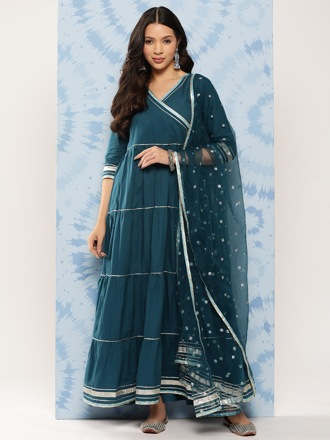 Women Teal Blue Flared Dress With Net Sequence Dupatta | LASVINI - Redefining Indian Fashion with Elegance