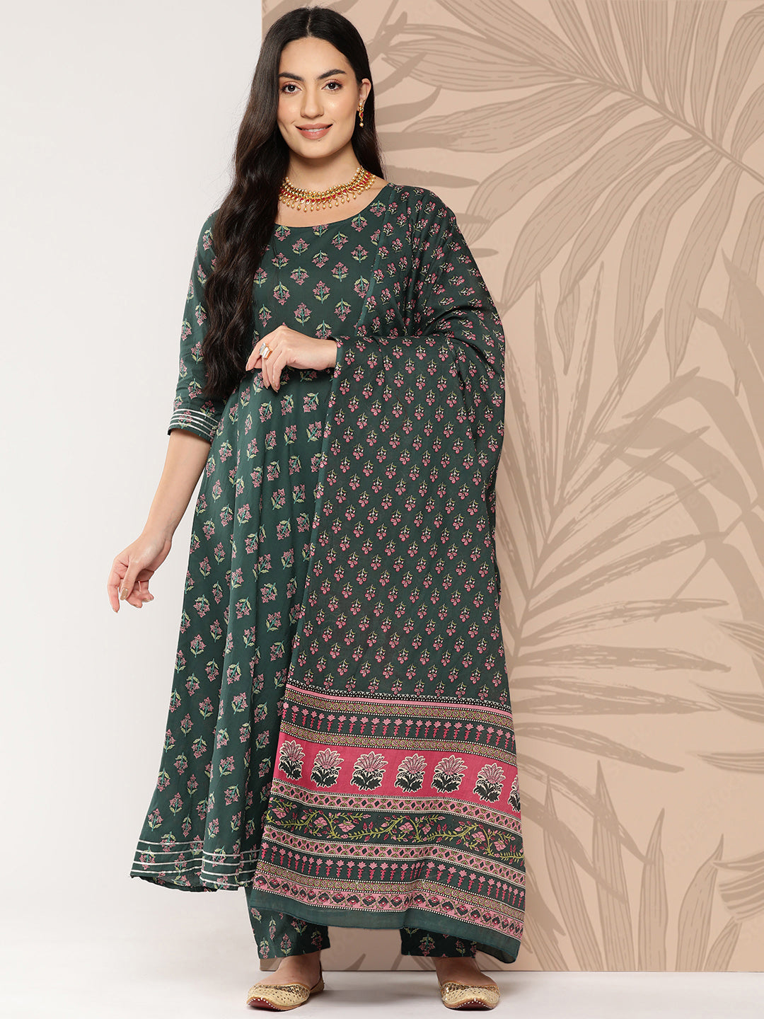 Women Green Ethnic Printed Anarkali Kurta With Trouser And Dupatta | LASVINI - Redefining Indian Fashion with Elegance
