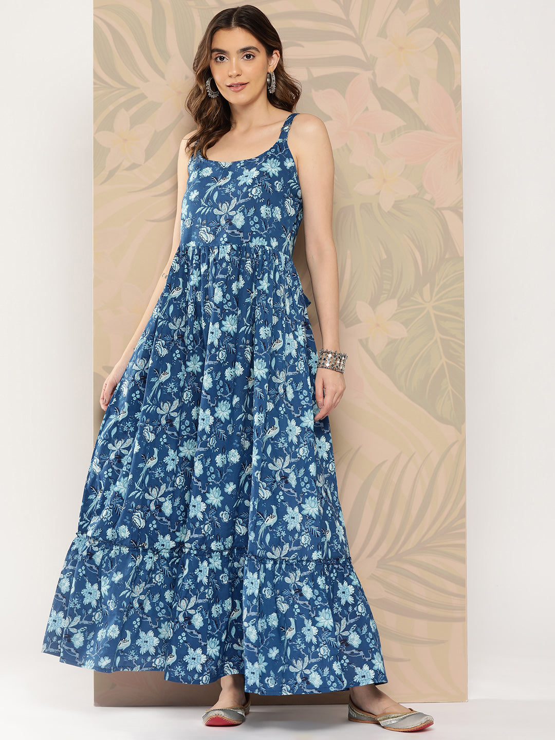 Women Blue Abstract Printed Shoulder Strap Dress | LASVINI - Redefining Indian Fashion with Elegance