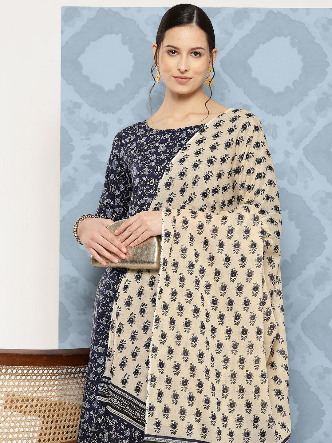 Women Blue Floral Printed Anarkali Kurta With Trouser And Dupatta | LASVINI - Redefining Indian Fashion with Elegance