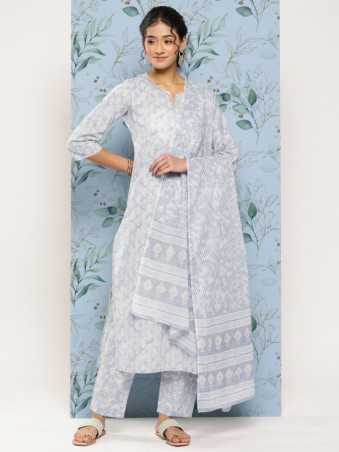 Women Grey Ethnic Embroidered Kurta With Palazzo And Dupatta | LASVINI - Redefining Indian Fashion with Elegance