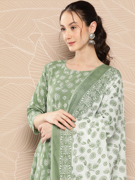 Women Green Floral Printed Anarkali Kurta With Trouser And Dupatta | LASVINI - Redefining Indian Fashion with Elegance