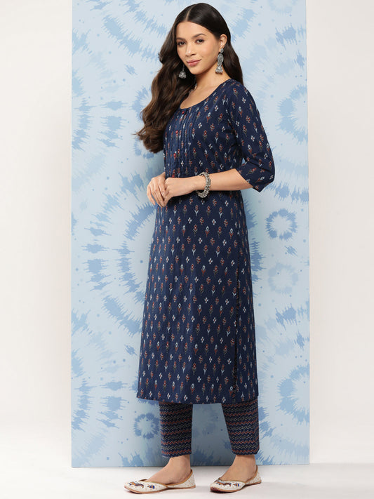 Women Blue Ethnic Printed Straight Kurta With Trouser | LASVINI - Redefining Indian Fashion with Elegance