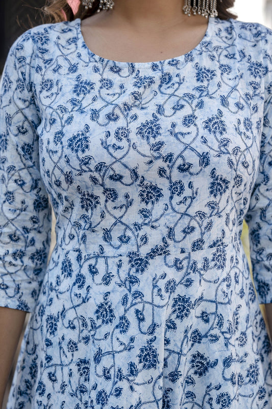 Women Blue Floral Printed Anarkali Kurta With Trouser And Dupatta | LASVINI - Redefining Indian Fashion with Elegance
