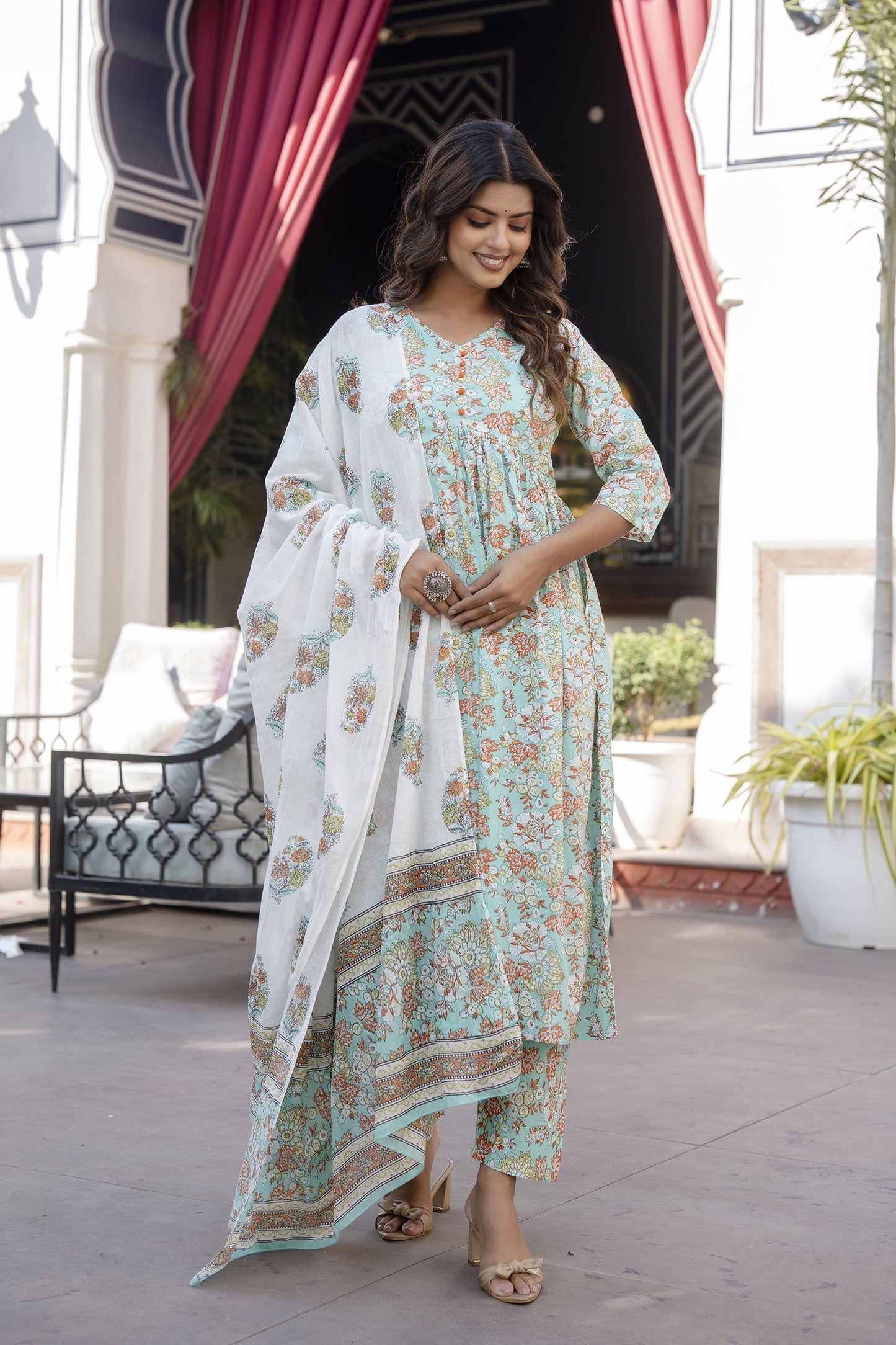 Women Green Printed Gathered Kurta And Trouser With Dupatta | LASVINI - Redefining Indian Fashion with Elegance