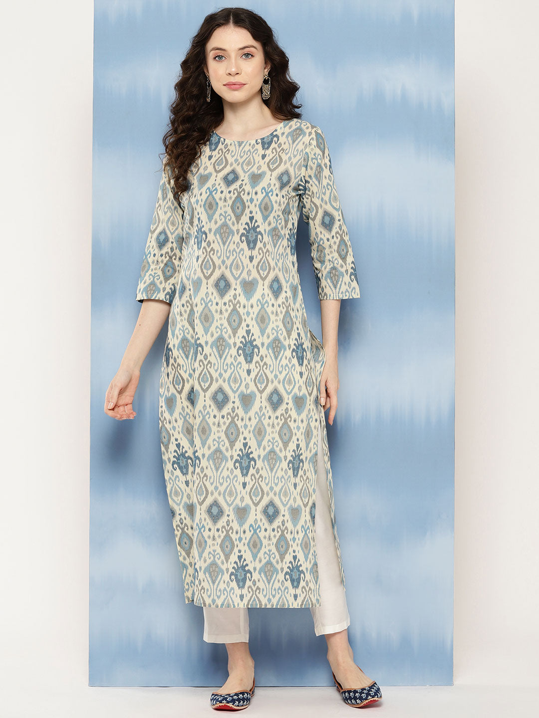 Women Blue Ethnic Printed Straight Kurta With Three Quarter Sleeves | LASVINI - Redefining Indian Fashion with Elegance