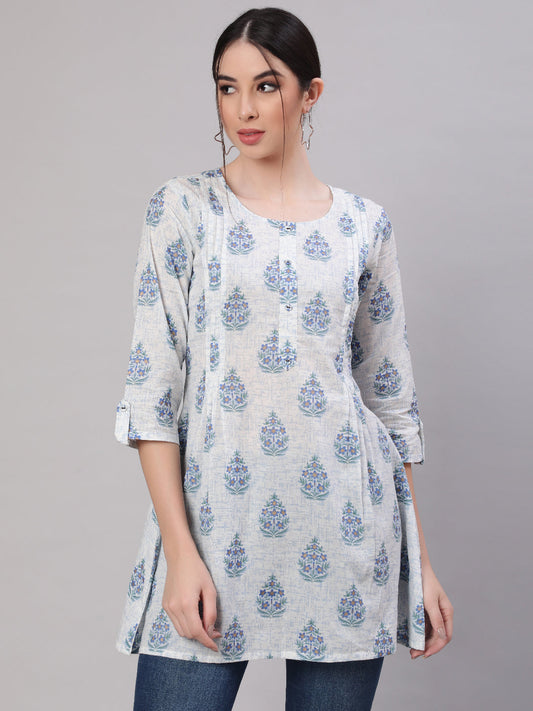 Women Off White Printed Straight Tunic With Three Quarter Sleeves | LASVINI - Redefining Indian Fashion with Elegance