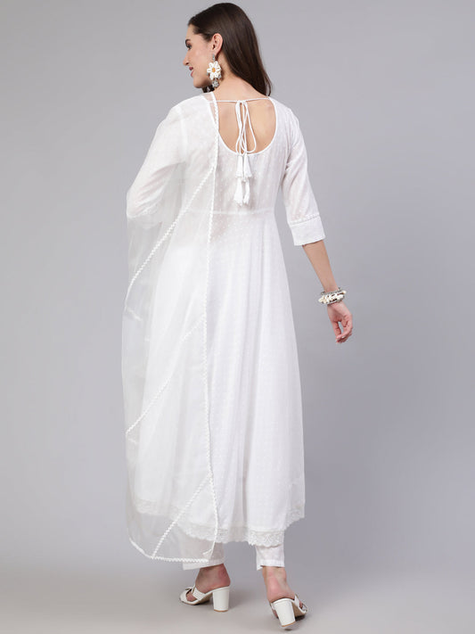 Women White Lace Details Flared Kurta With Trouser And Dupatta | LASVINI - Redefining Indian Fashion with Elegance