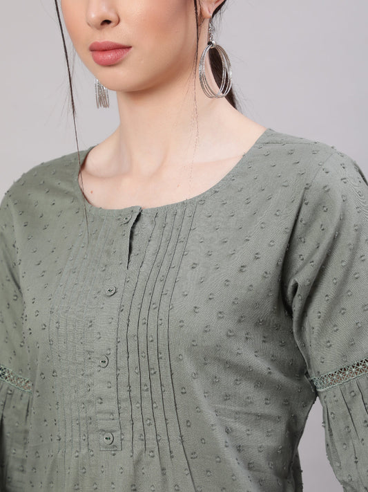 Women Green Straight Tunic With Three Quarter Sleeves | LASVINI - Redefining Indian Fashion with Elegance