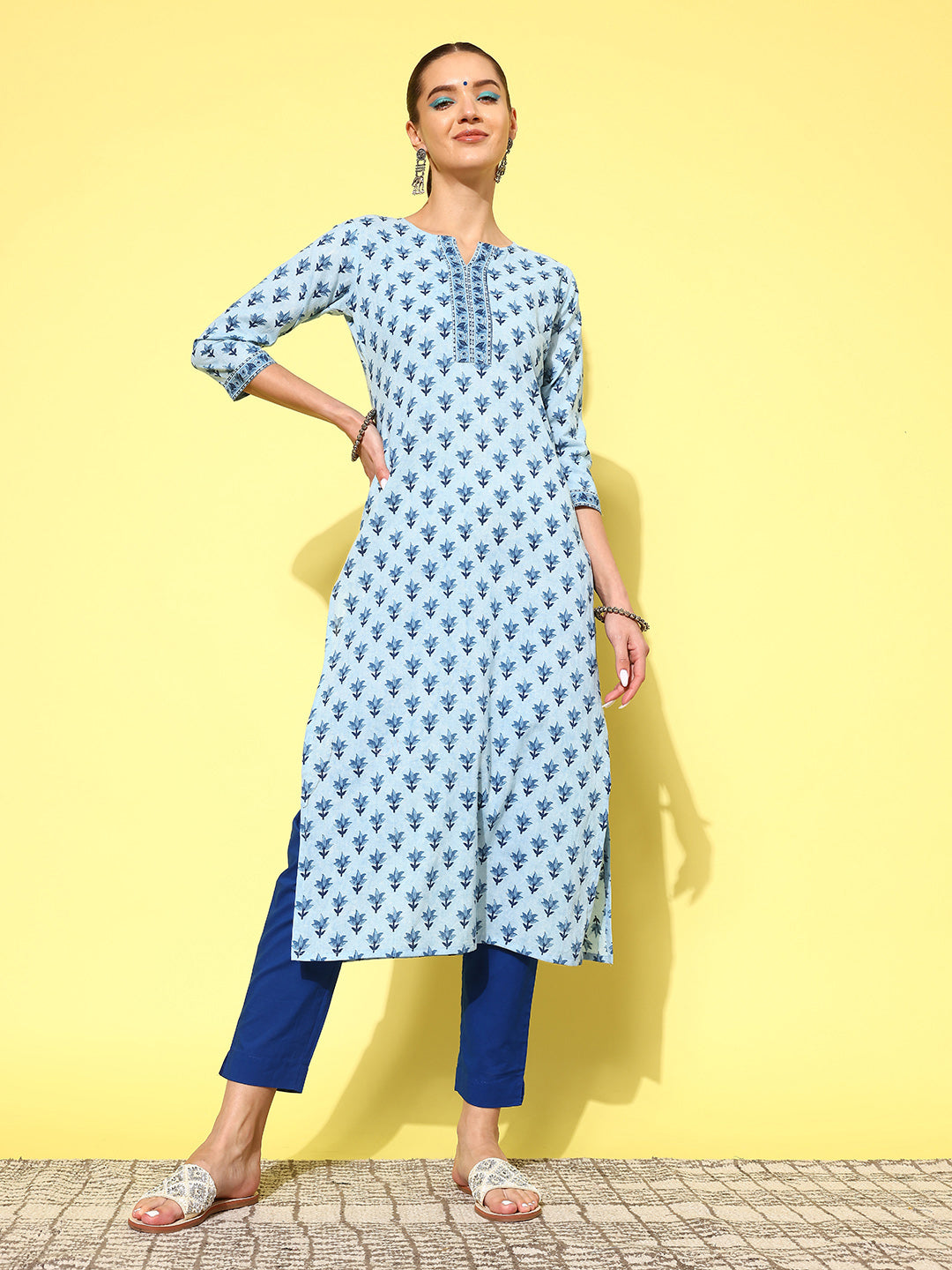 Women Blue Ethnic Printed Straight Kurta With Three Quarter Sleeves | LASVINI - Redefining Indian Fashion with Elegance