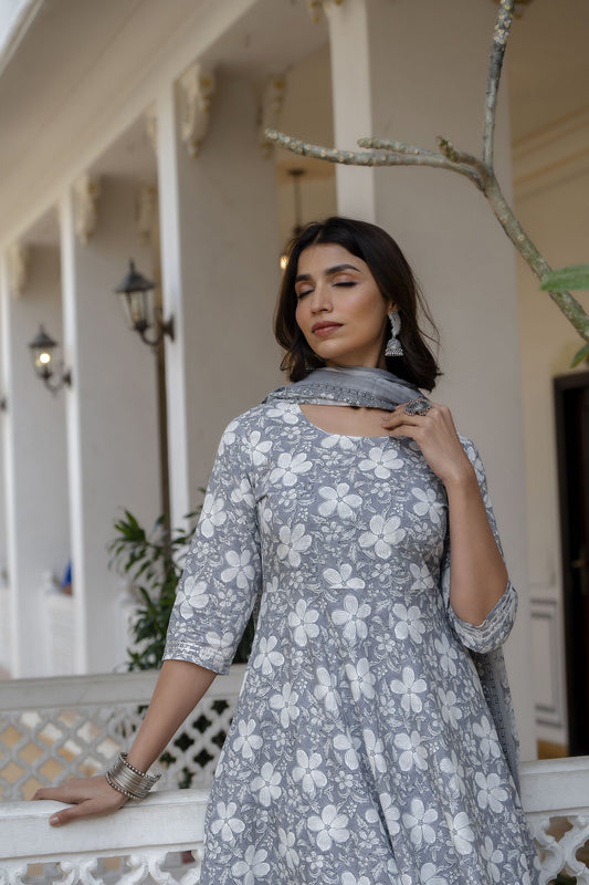 Women Grey Ethnic Printed Anarkali Kurta With Trouser And Dupatta | LASVINI - Redefining Indian Fashion with Elegance