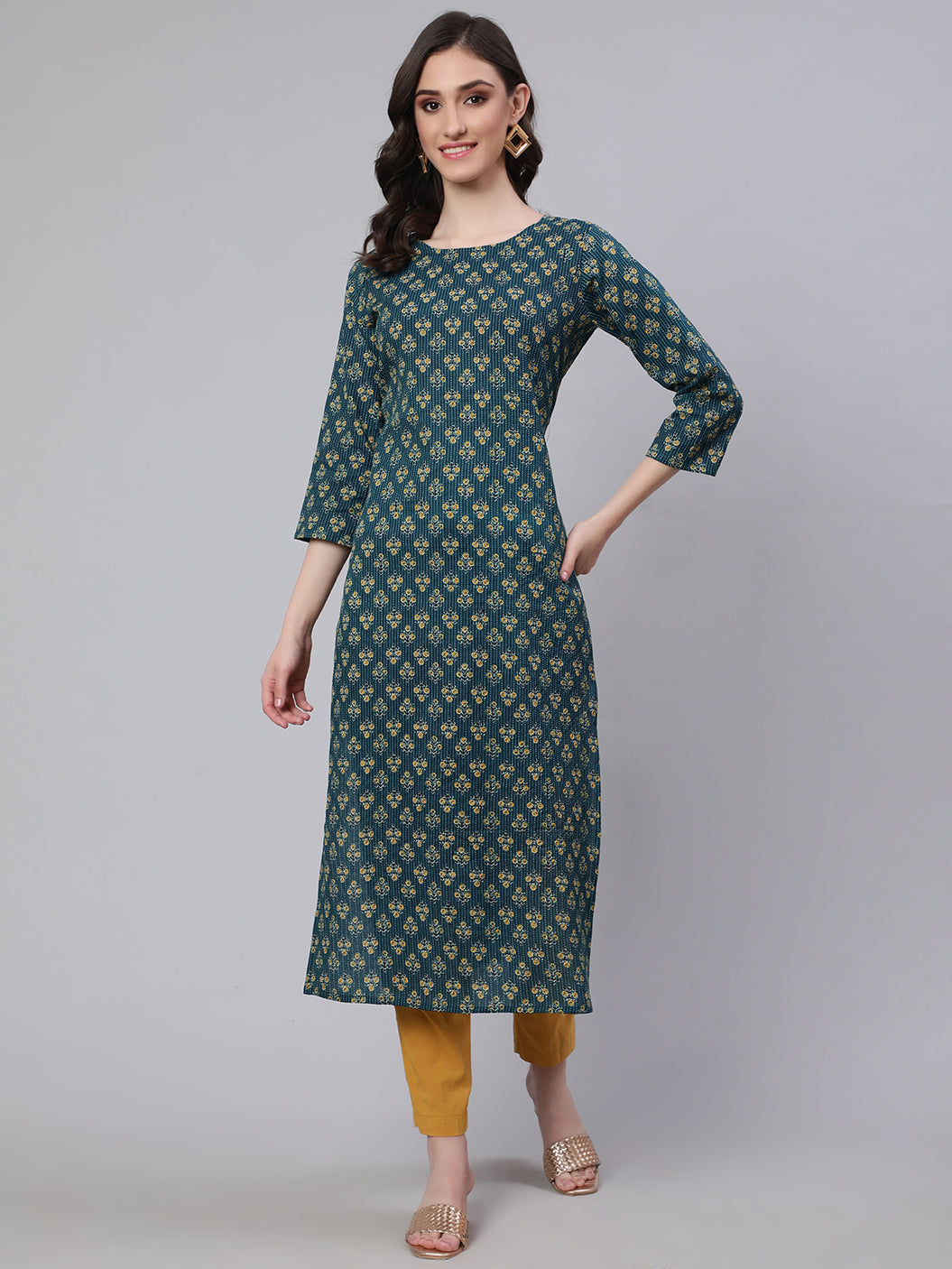 Women Teal Blue Printed Straight Kurta With Three Quarter Sleeves | LASVINI - Redefining Indian Fashion with Elegance