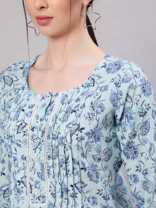 Women Blue Straight Tunic With Three Quarter Sleeves | LASVINI - Redefining Indian Fashion with Elegance