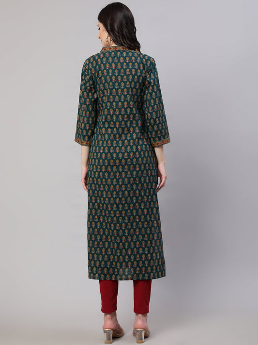 Women Green Ethnic Printed Straight Kurta With Three Quarter Sleeves | LASVINI - Redefining Indian Fashion with Elegance