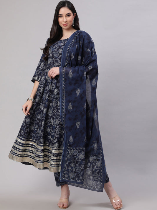 Women Blue Floral Printed Anarkali Kurta With Trouser And Dupatta | LASVINI - Redefining Indian Fashion with Elegance