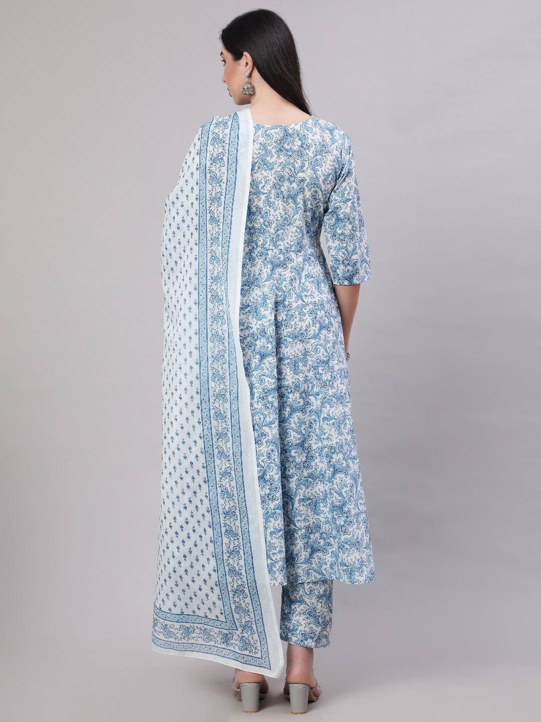 Women Blue Floral Printed Anarkali Kurta With Trouser And Dupatta | LASVINI - Redefining Indian Fashion with Elegance