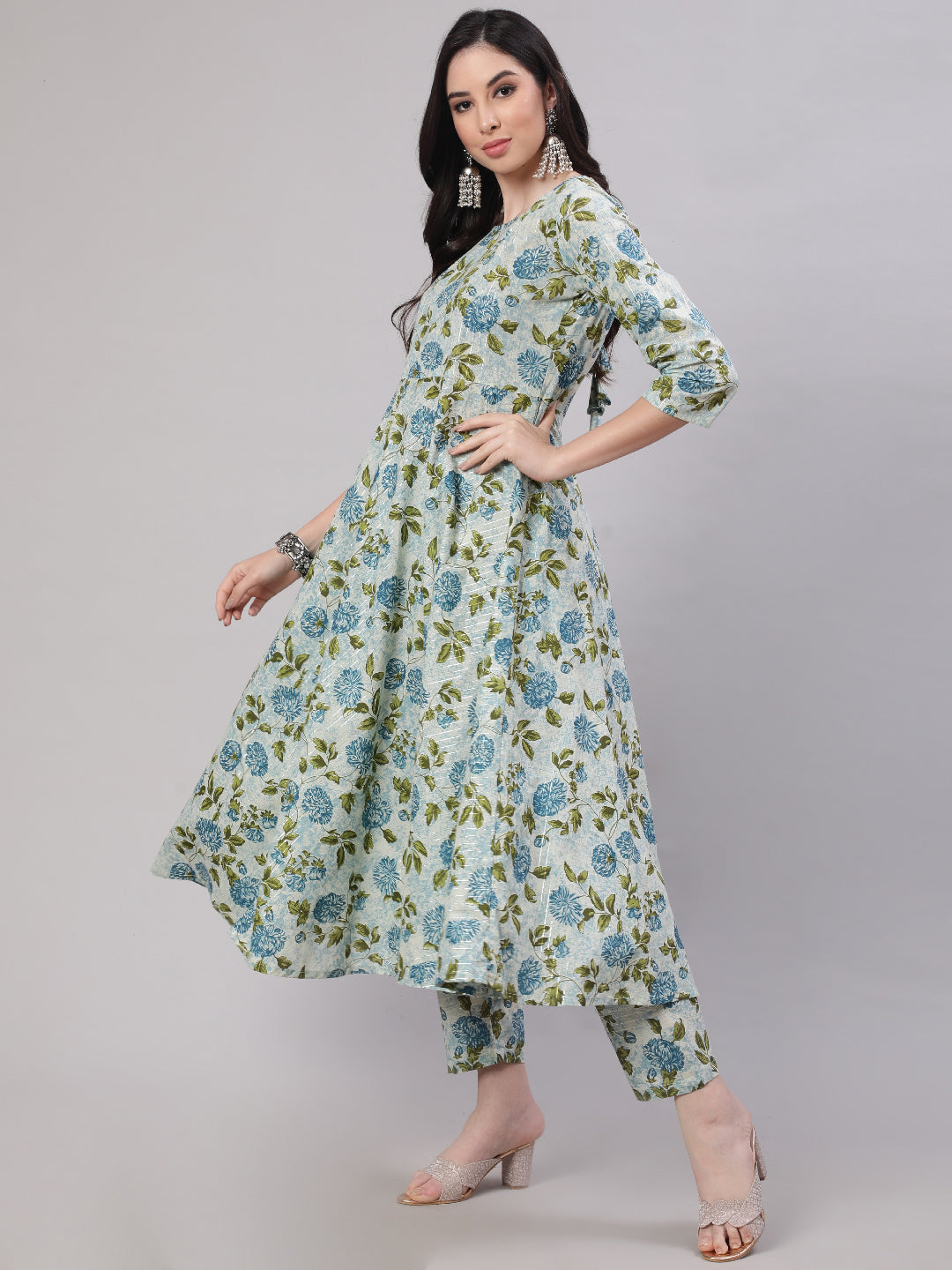 Women Grey Floral Printed Flared Kurta With Trouser And Dupatta | LASVINI - Redefining Indian Fashion with Elegance