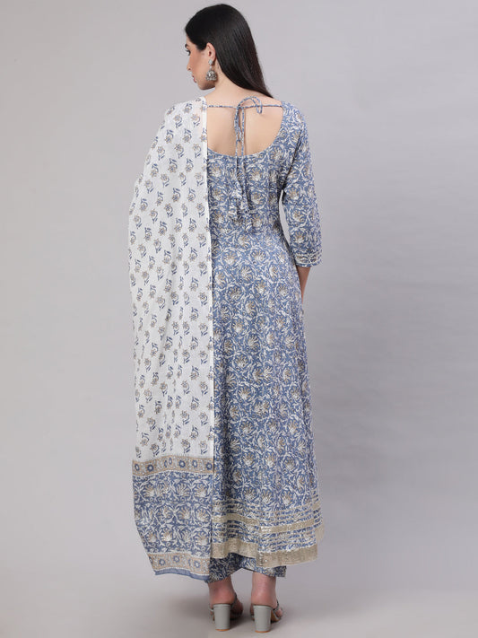 Women Grey Floral Printed Flared Kurta With Trouser And Dupatta | LASVINI - Redefining Indian Fashion with Elegance