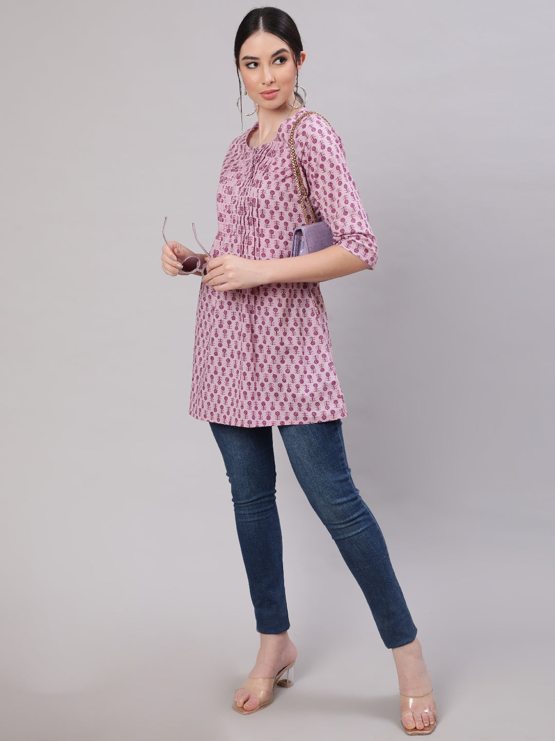 Women Mauve Straight Tunic With Three Quarter Sleeves | LASVINI - Redefining Indian Fashion with Elegance