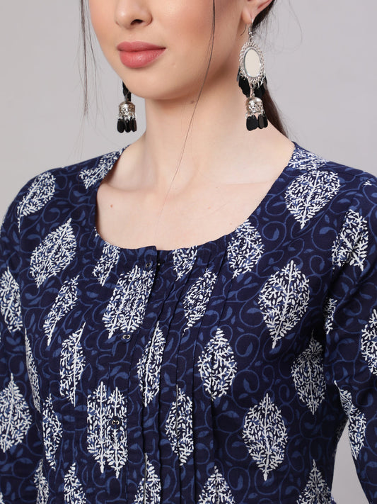 Women Blue Straight Tunic With Three Quarter Sleeves | LASVINI - Redefining Indian Fashion with Elegance
