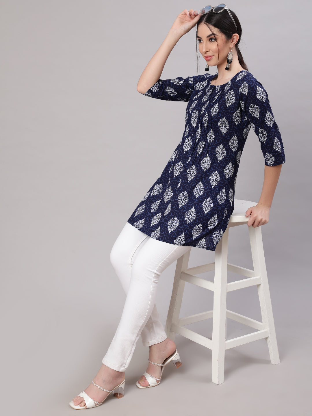 Women Blue Straight Tunic With Three Quarter Sleeves | LASVINI - Redefining Indian Fashion with Elegance