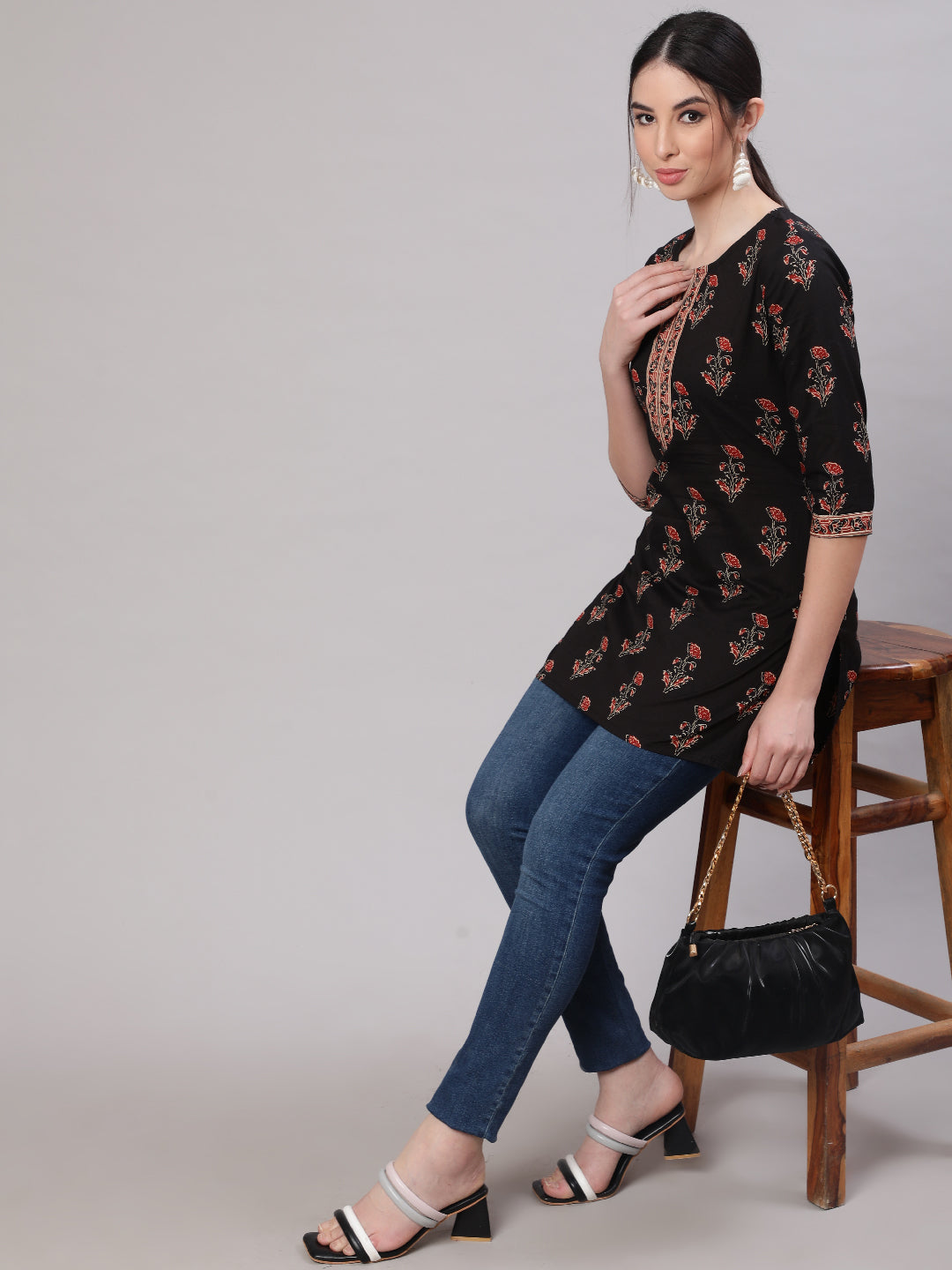 Women Black Straight Tunic With Three Quarter Sleeves | LASVINI - Redefining Indian Fashion with Elegance