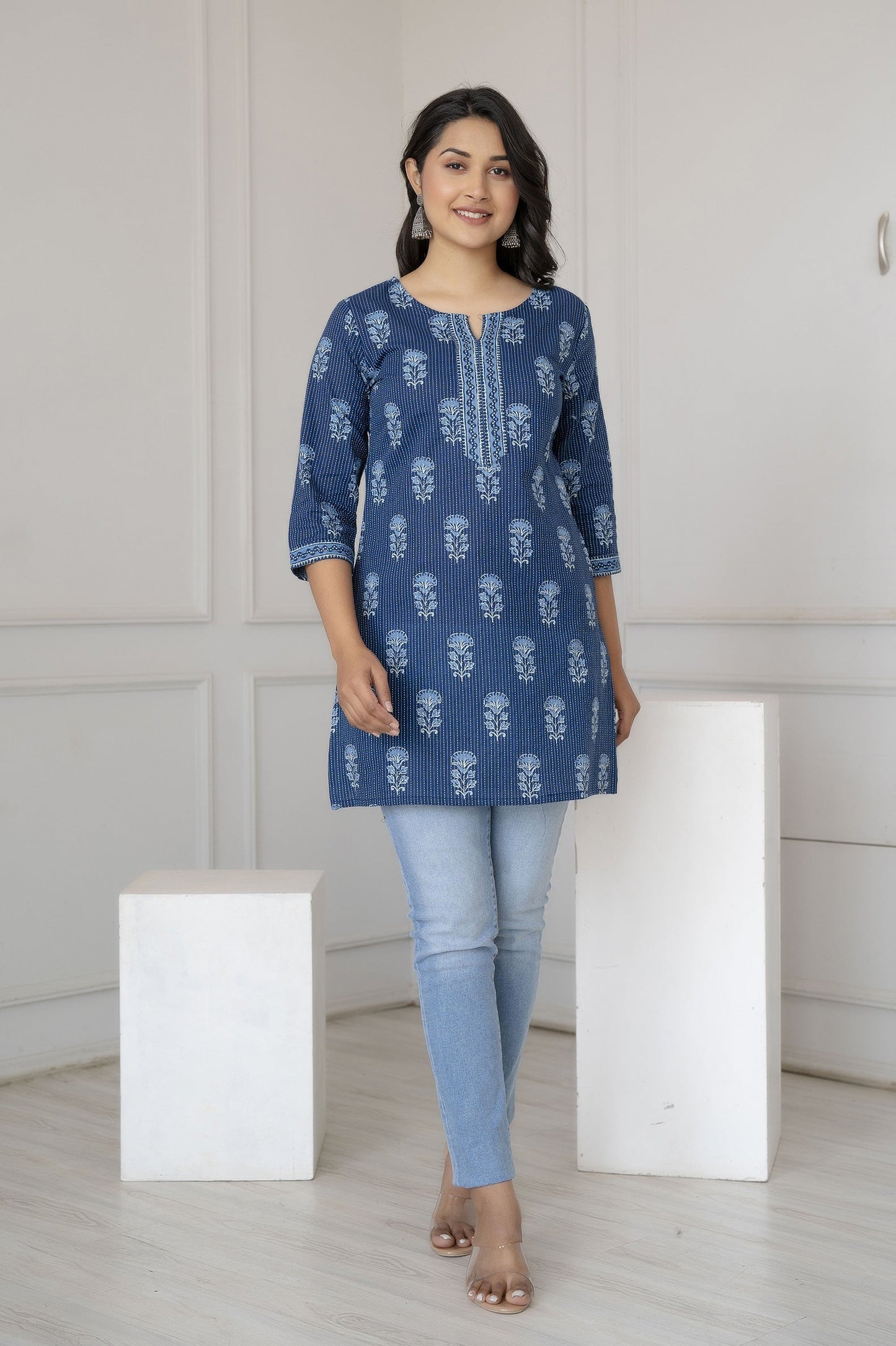 Women Blue Straight Tunic With Three Quarter Sleeves | LASVINI - Redefining Indian Fashion with Elegance