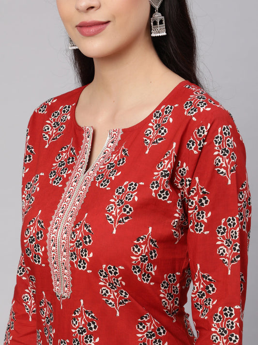 Women Maroon Printed Straight Kurta With Three Quarter Sleeves | LASVINI - Redefining Indian Fashion with Elegance