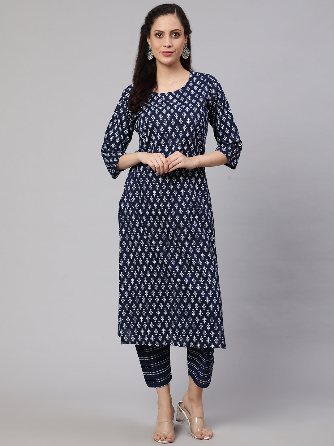 Women Navy Blue Printed Straight Kurta With Trouser | LASVINI - Redefining Indian Fashion with Elegance