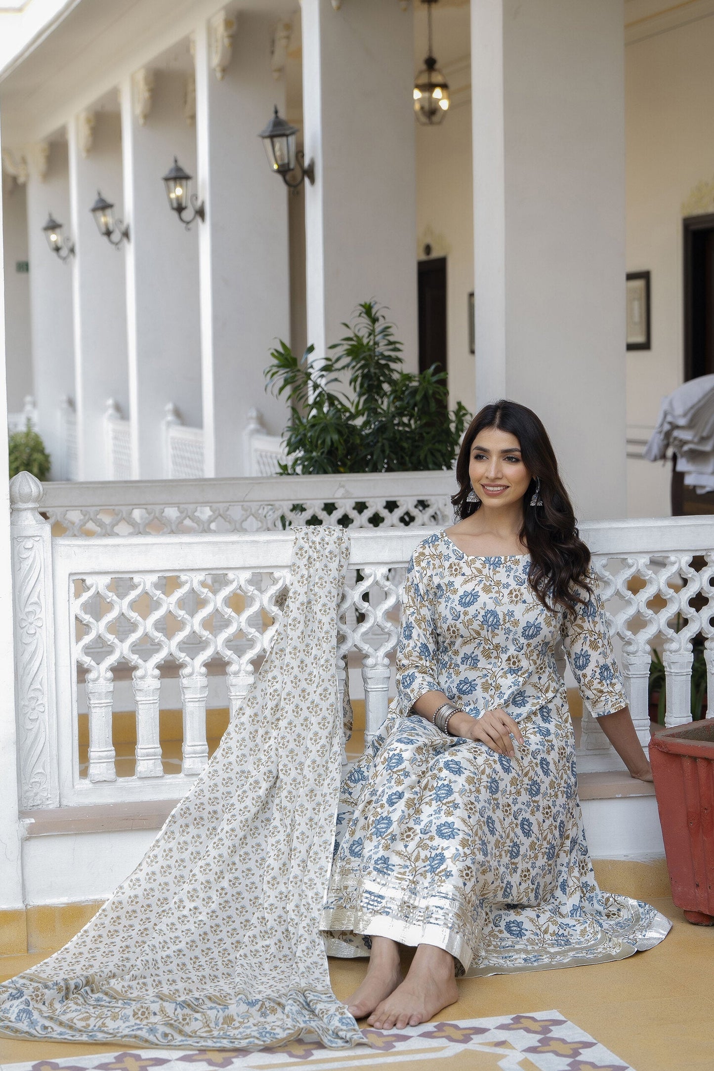 Women Off-White Floral Printed Flared Kurta With Trouser And Dupatta | LASVINI - Redefining Indian Fashion with Elegance