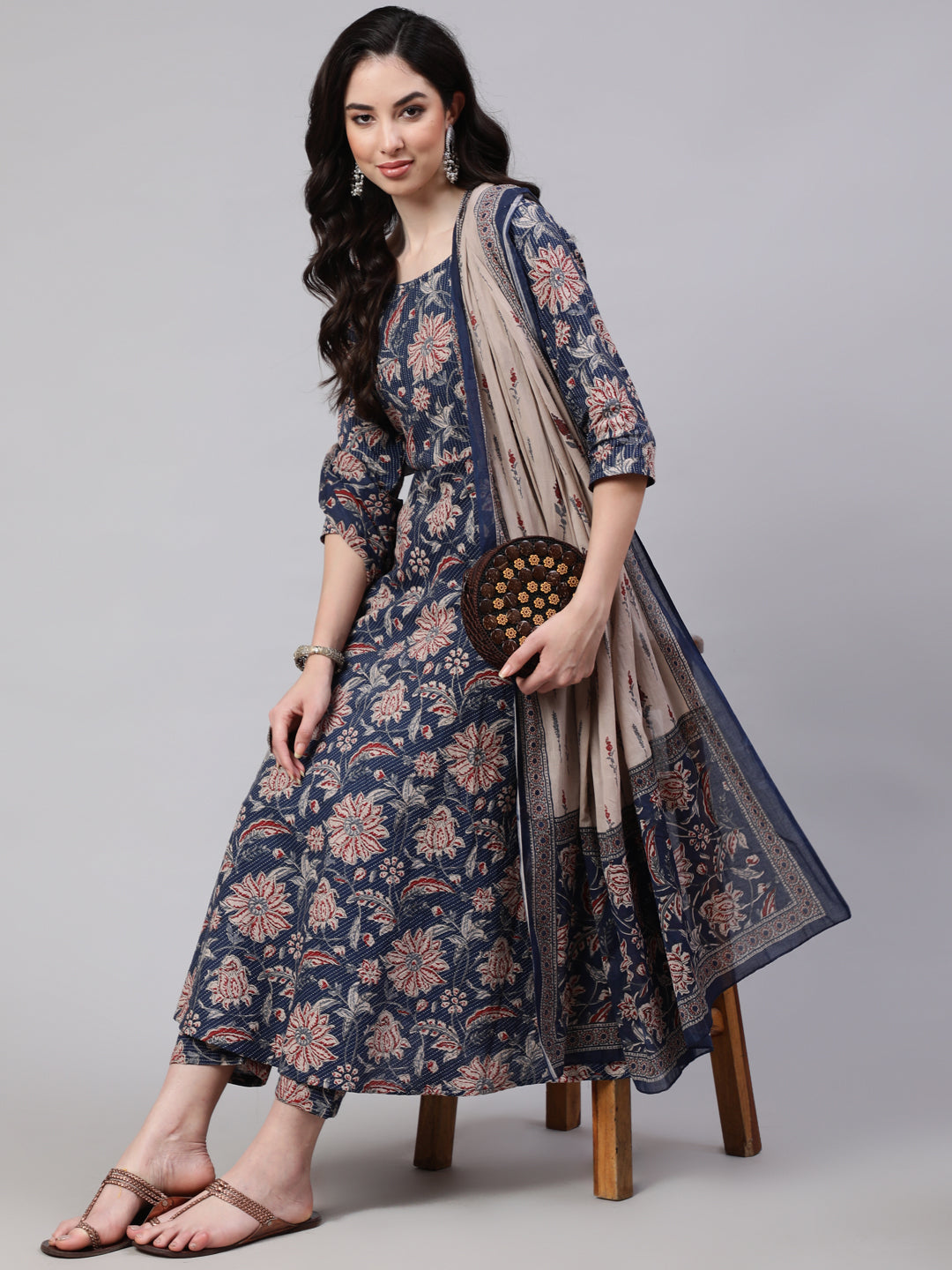 Women Blue Floral Printed Anarkali Kurta With Trouser And Dupatta | LASVINI - Redefining Indian Fashion with Elegance