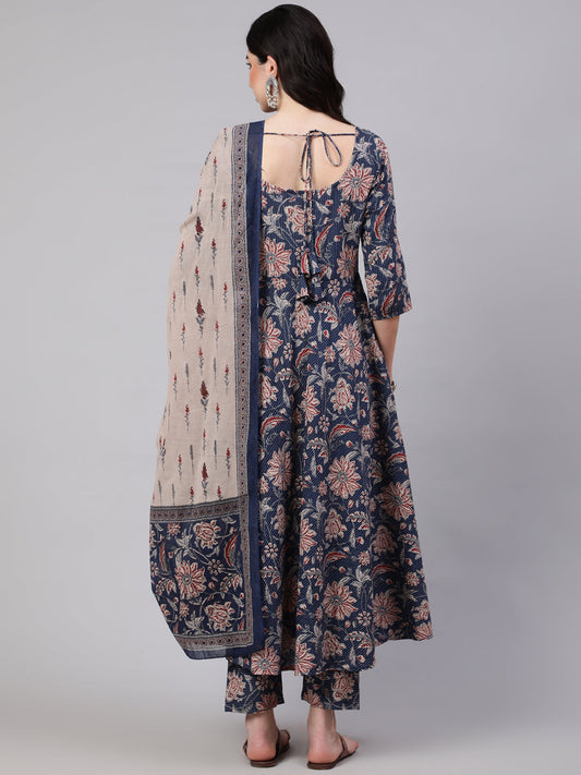 Women Blue Floral Printed Anarkali Kurta With Trouser And Dupatta | LASVINI - Redefining Indian Fashion with Elegance
