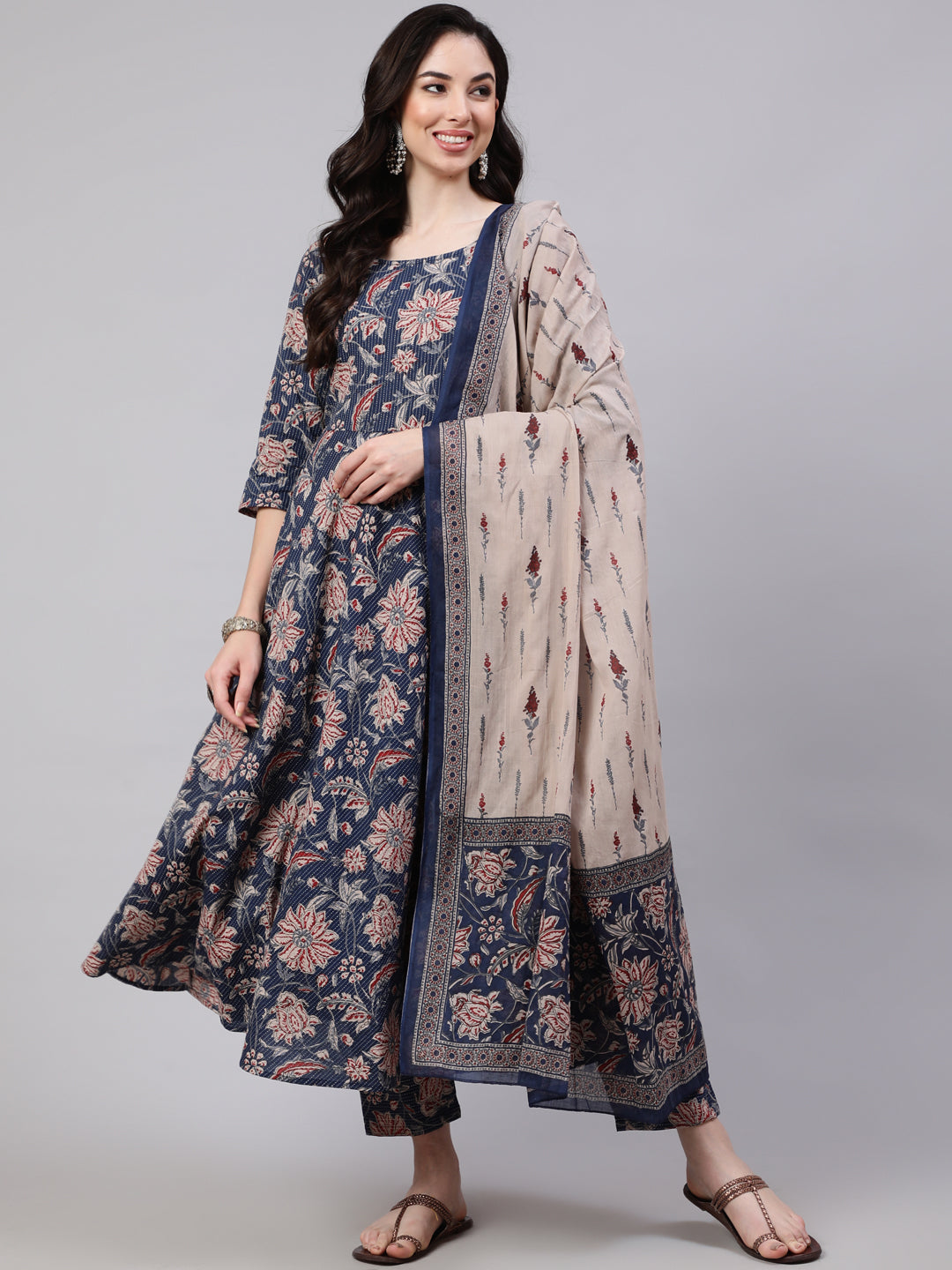 Women Blue Floral Printed Anarkali Kurta With Trouser And Dupatta | LASVINI - Redefining Indian Fashion with Elegance