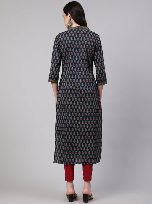 Women Blue Ethnic Printed Straight Kurta With Three Quarter Sleeves | LASVINI - Redefining Indian Fashion with Elegance