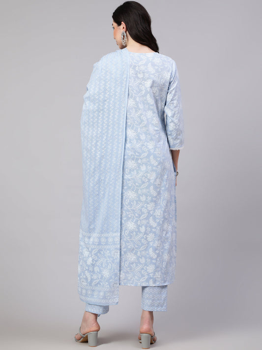 Women Blue Ethnic Printed Straight Kurta With Trouser And Dupatta | LASVINI - Redefining Indian Fashion with Elegance