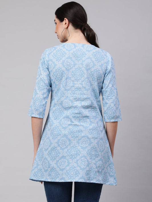 Women Blue Straight Tunic With Three Quarter Sleeves | LASVINI - Redefining Indian Fashion with Elegance