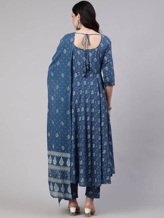 Women Blue Floral Printed Anarkali Kurta With Trouser And Dupatta | LASVINI - Redefining Indian Fashion with Elegance