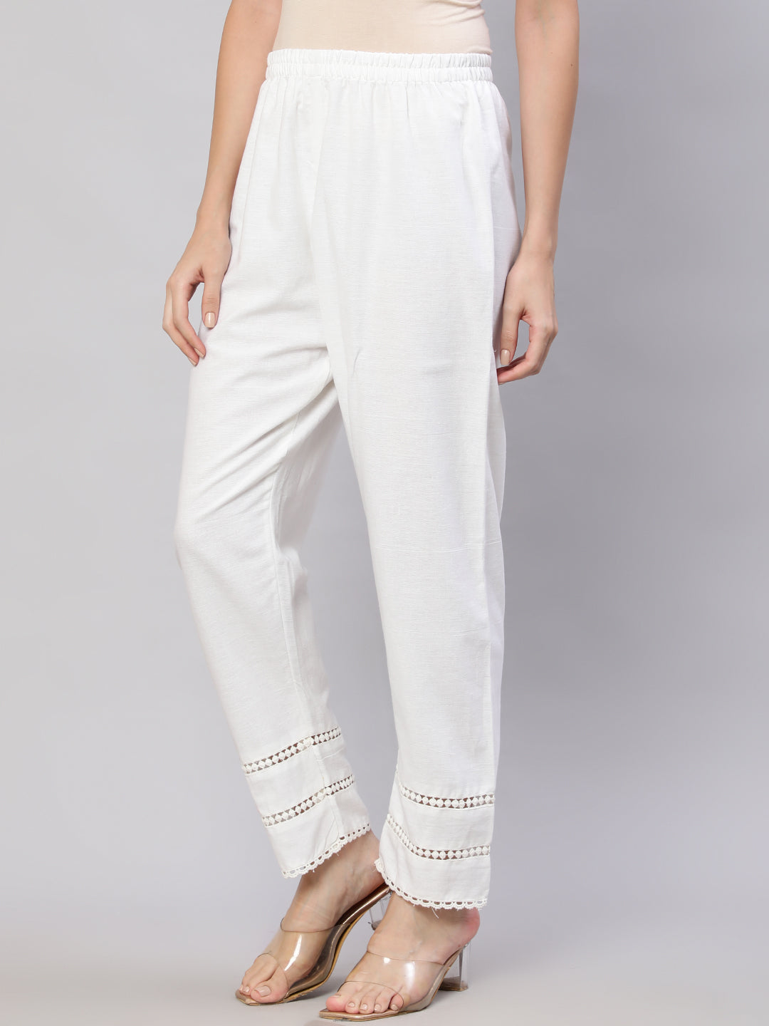 Women White Solid Pant With Lace Details | LASVINI - Redefining Indian Fashion with Elegance