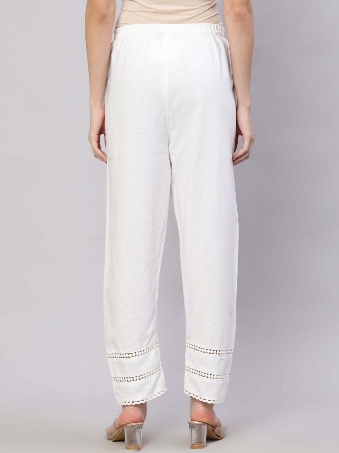 Women White Solid Pant With Lace Details | LASVINI - Redefining Indian Fashion with Elegance