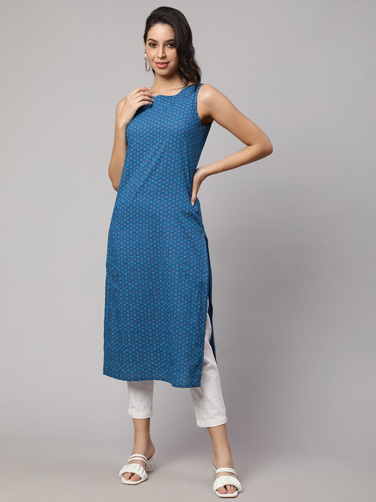 Women Blue Printed Straight Sleeveless Kurta | LASVINI - Redefining Indian Fashion with Elegance