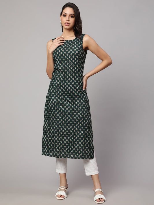 Women Green Ethnic Printed Straight Sleeveless Kurta | LASVINI - Redefining Indian Fashion with Elegance