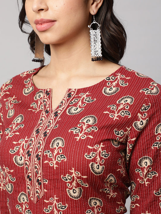 Women Maroon Straight Tunic With Three Quarter Sleeves | LASVINI - Redefining Indian Fashion with Elegance