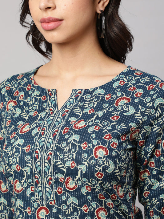 Women Blue Straight Tunic With Three Quarter Sleeves | LASVINI - Redefining Indian Fashion with Elegance