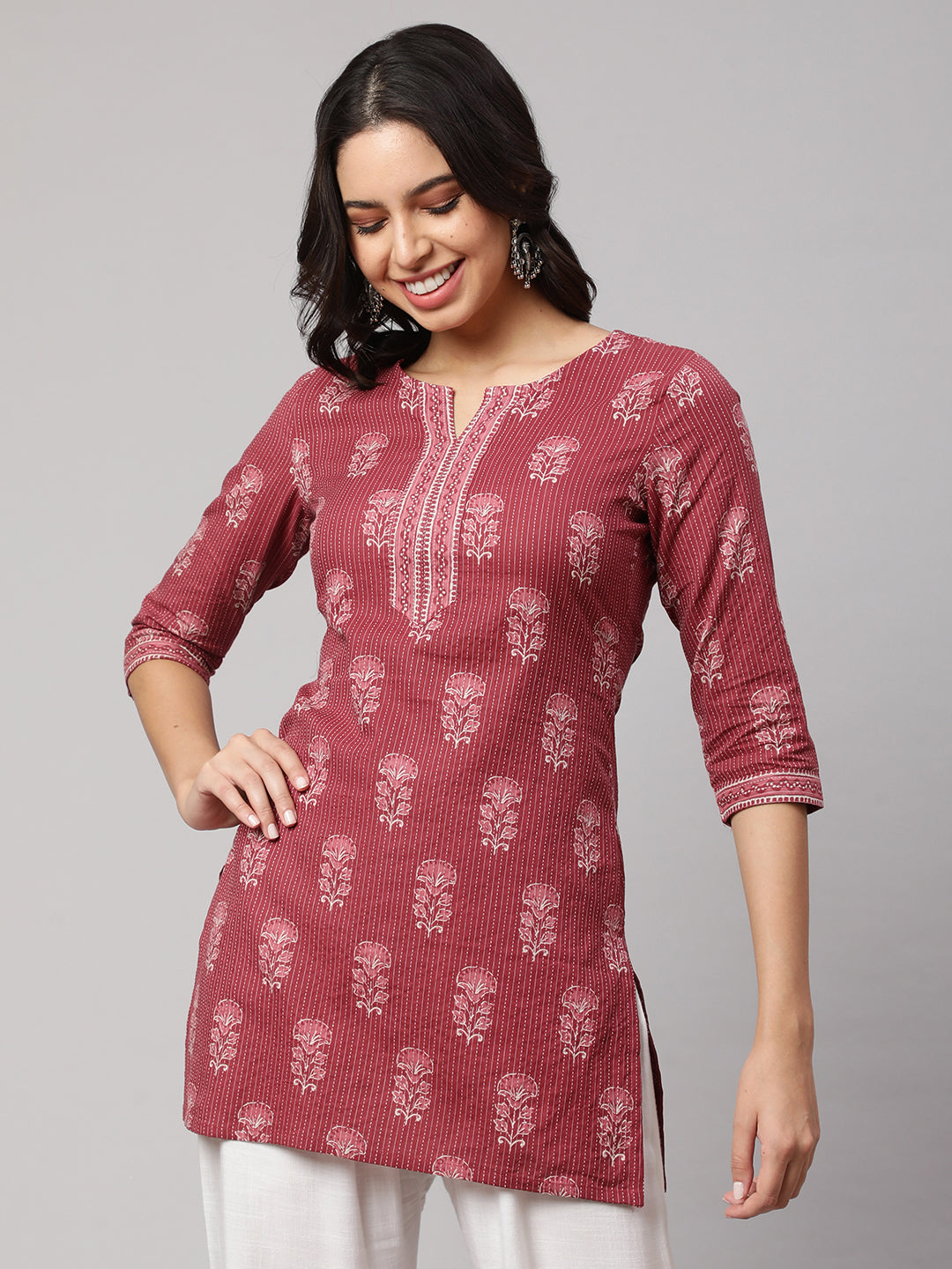 Women Mauve Straight Tunic With Three Quarter Sleeves | LASVINI - Redefining Indian Fashion with Elegance