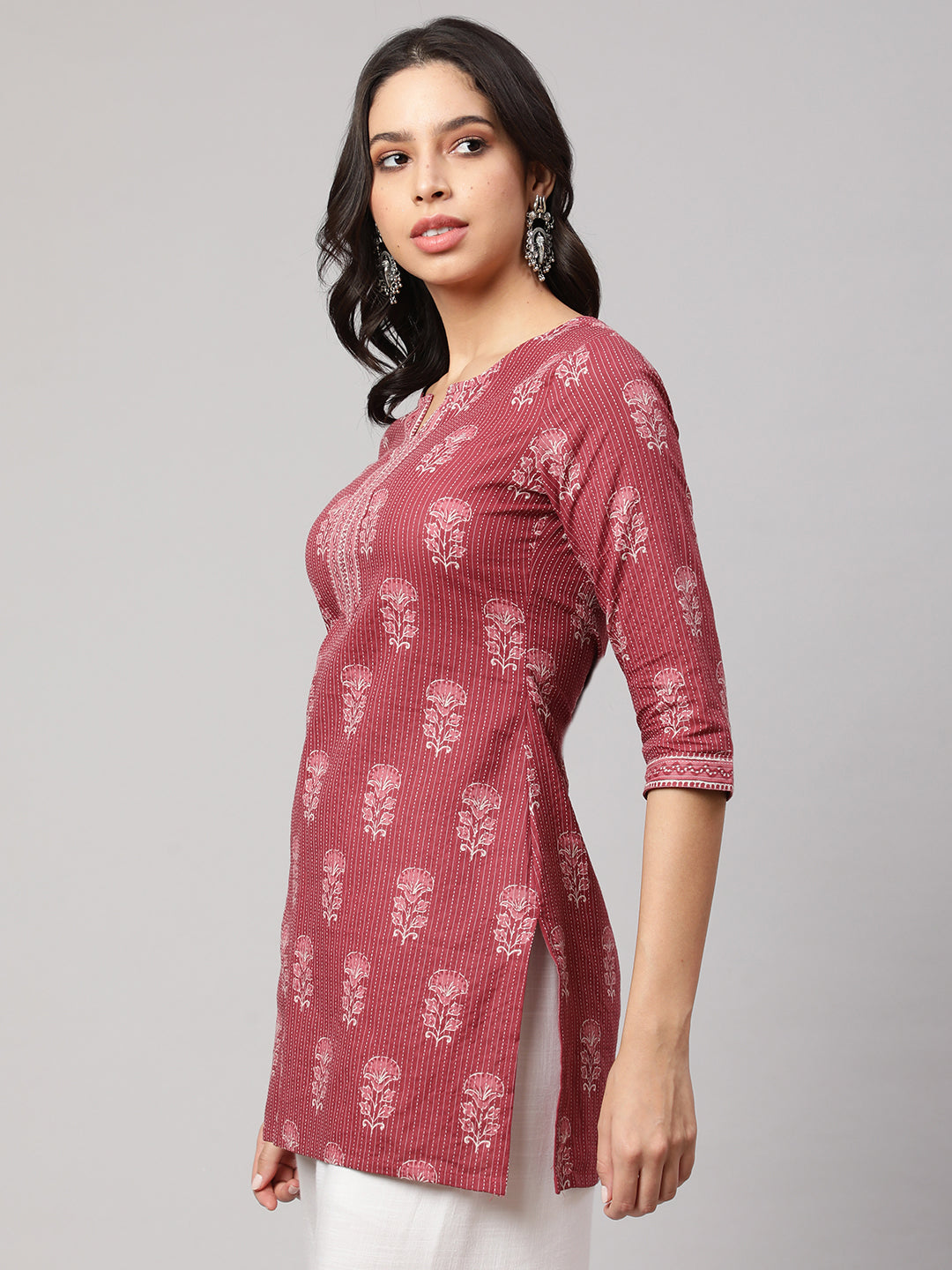 Women Mauve Straight Tunic With Three Quarter Sleeves | LASVINI - Redefining Indian Fashion with Elegance